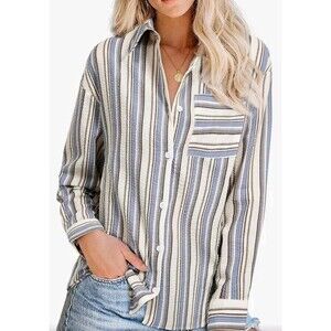 EVALESS Women's L Button Down Shirt Blouse White Blue Black Striped V Neck LS